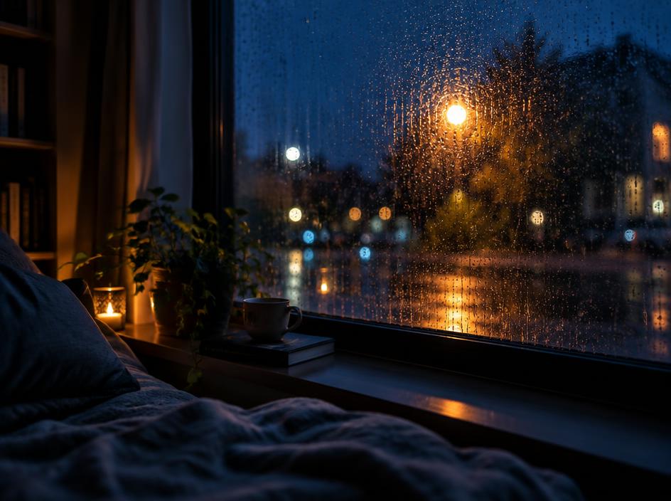Illustrative frame of rain on a window at night