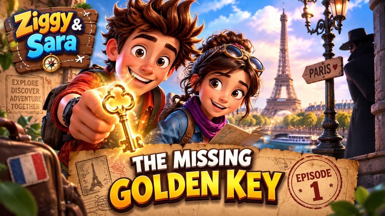 Illustrative adventure frame of two young characters with a golden key