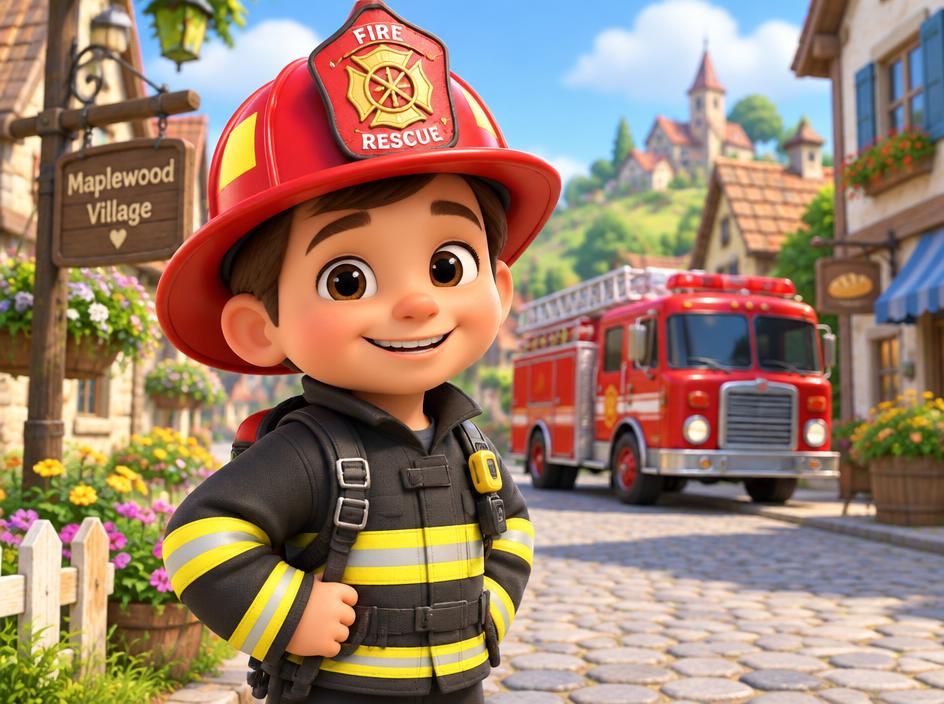Illustrative cartoon frame of a small firefighter character