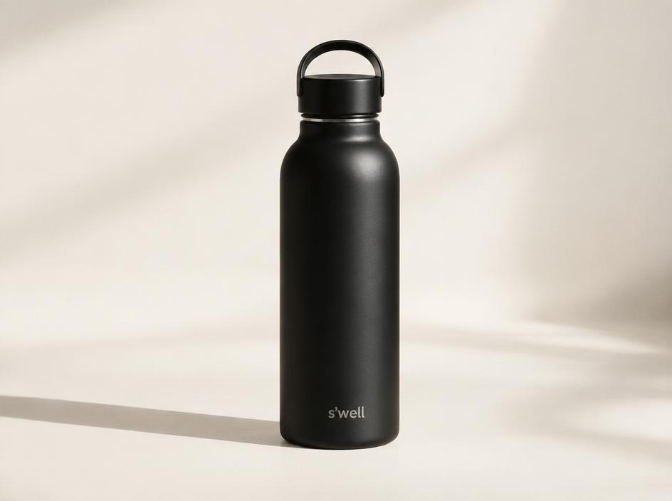 Illustrative product frame of a matte black bottle