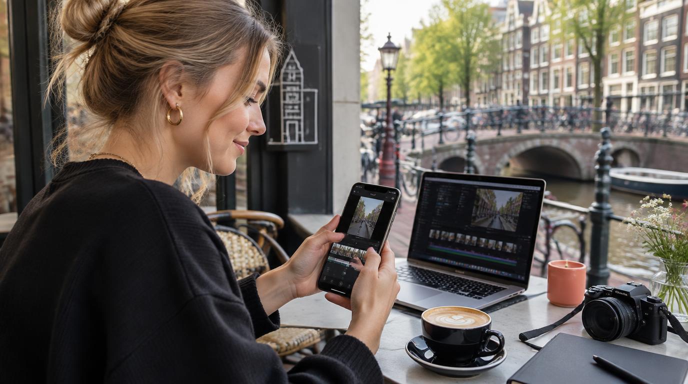 AI illustration of a young clipper editing a short video on a smartphone