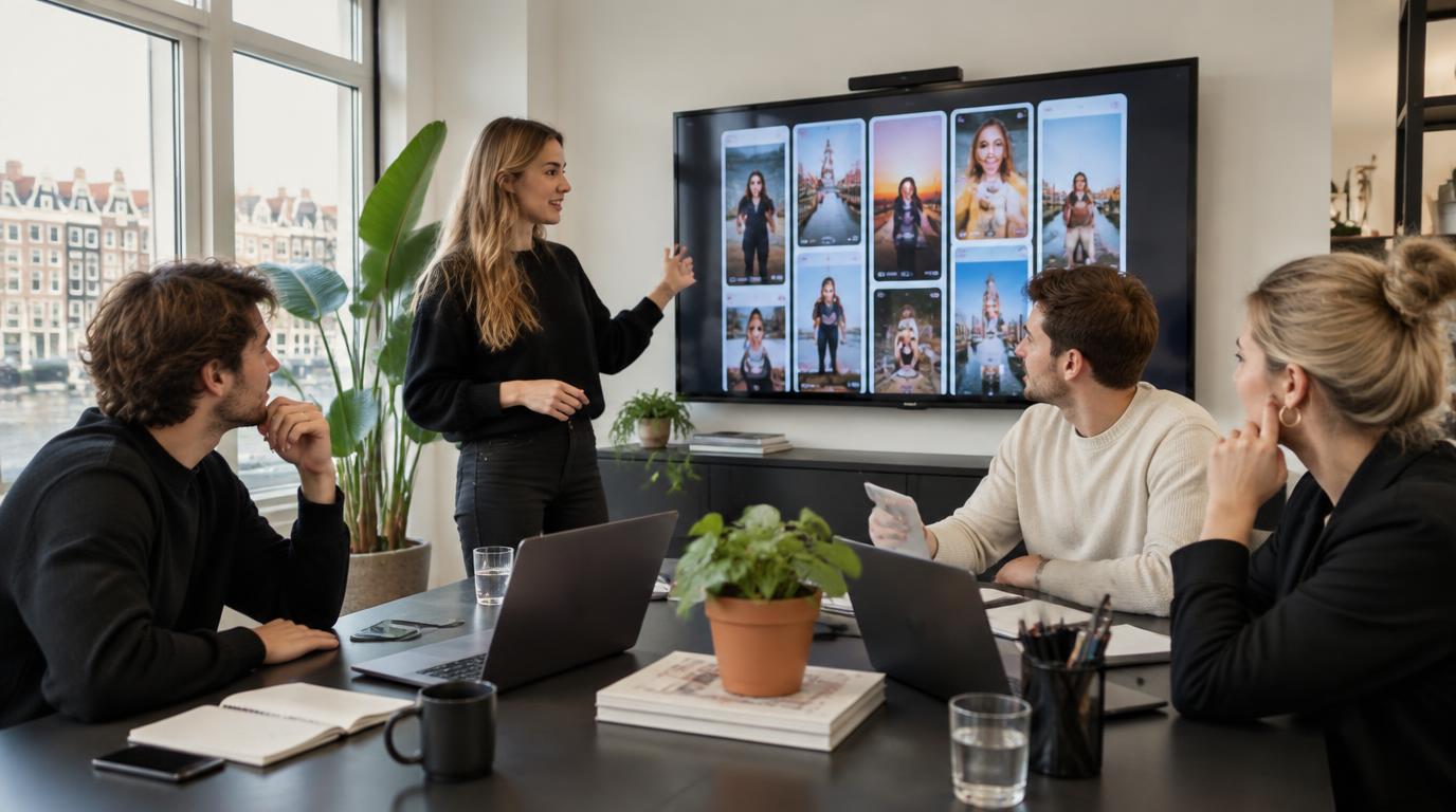 AI illustration of a marketing team reviewing a video clipping campaign