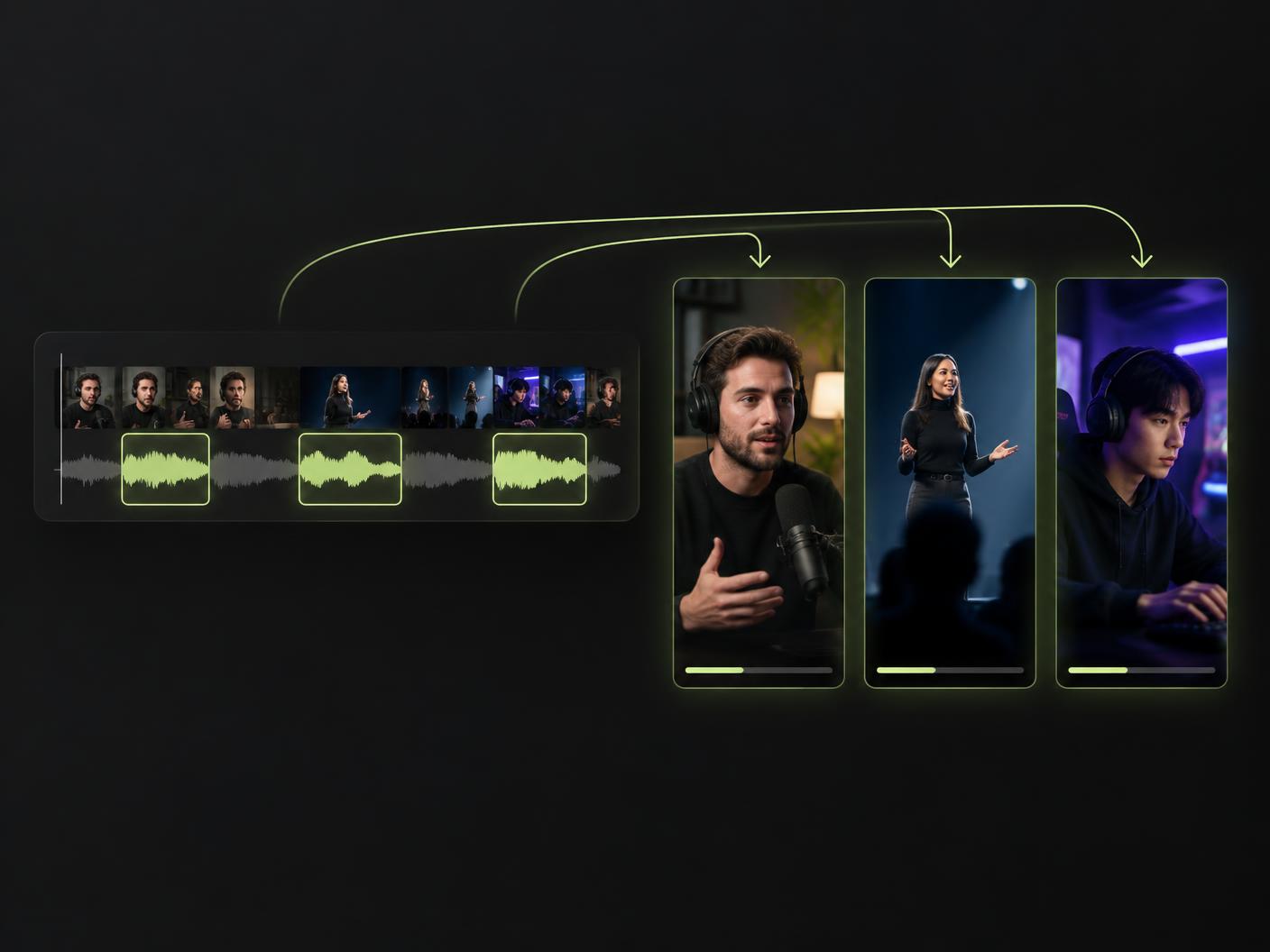 A long video on a timeline being cut into three vertical clips